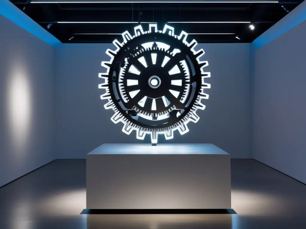 En una galería minimalista, una escultura de engranajes metálicos refleja luz ambiental, evocando sofisticación intelectual
