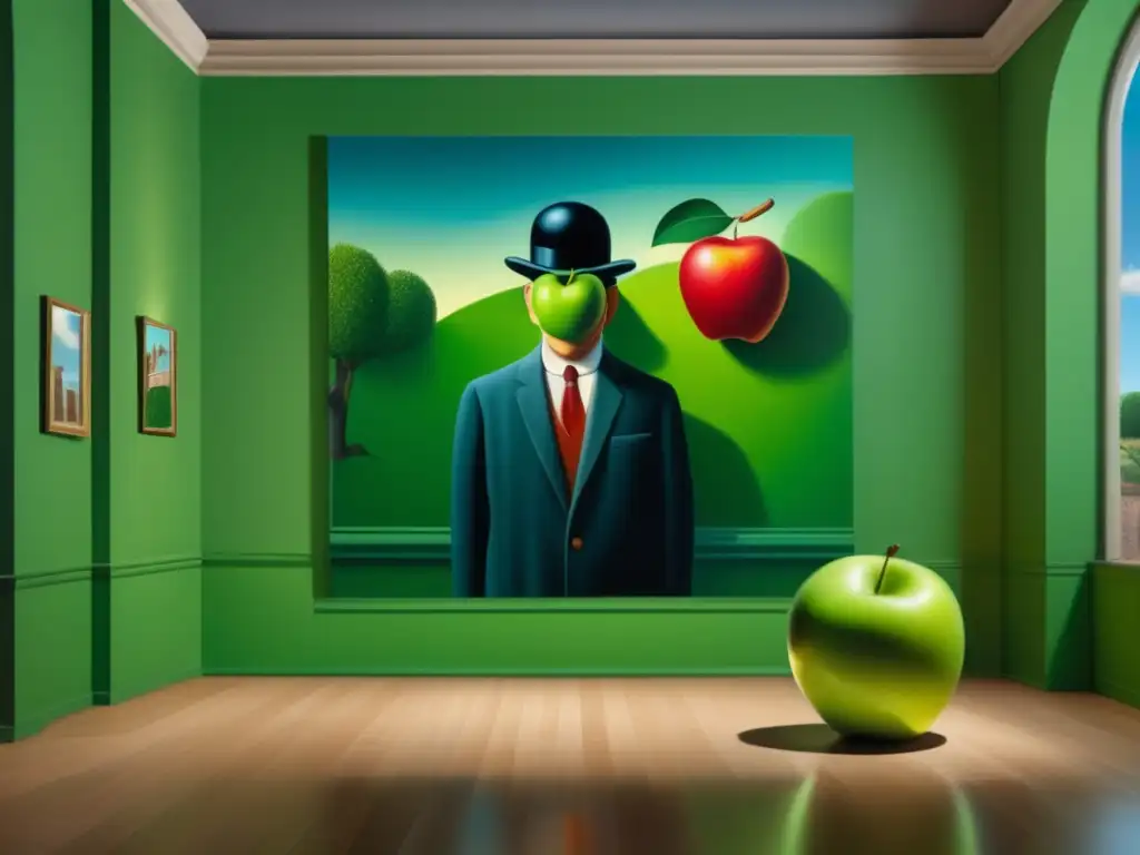 En una galería tenue, una imagen hiperrealista en 8k de 'El hijo del hombre' de René Magritte destaca, con cada detalle capturado a la perfección