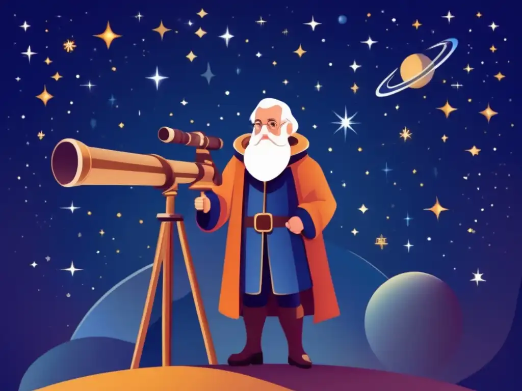 Galileo Galilei observa el cosmos a través de su telescopio, con un fondo de cielo nocturno repleto de estrellas