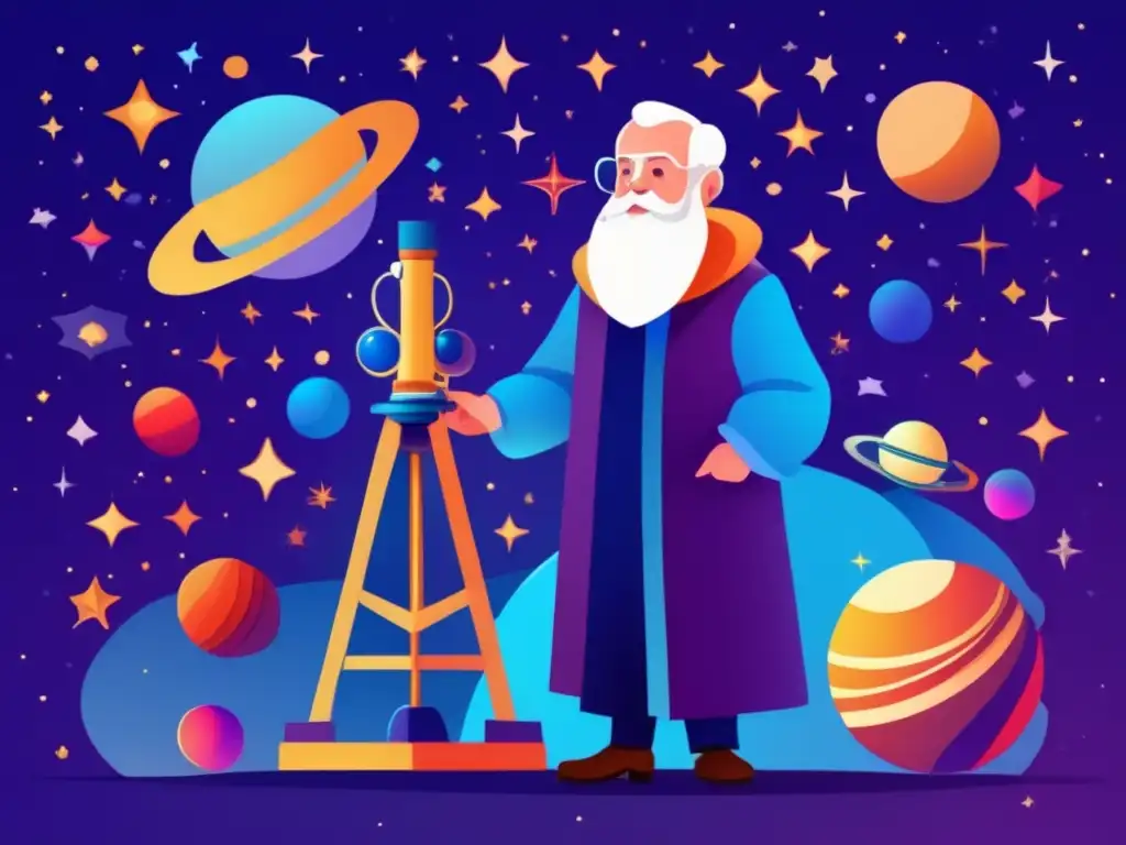 Galileo Galilei observa el universo a través de su telescopio, transmitiendo la Importancia del legado de Galileo Galilei en la astronomía