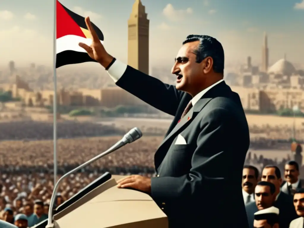 Gamal Abdel Nasser lidera el nacionalismo árabe en una apasionada multitud en El Cairo, con la bandera egipcia y un moderno horizonte urbano de fondo