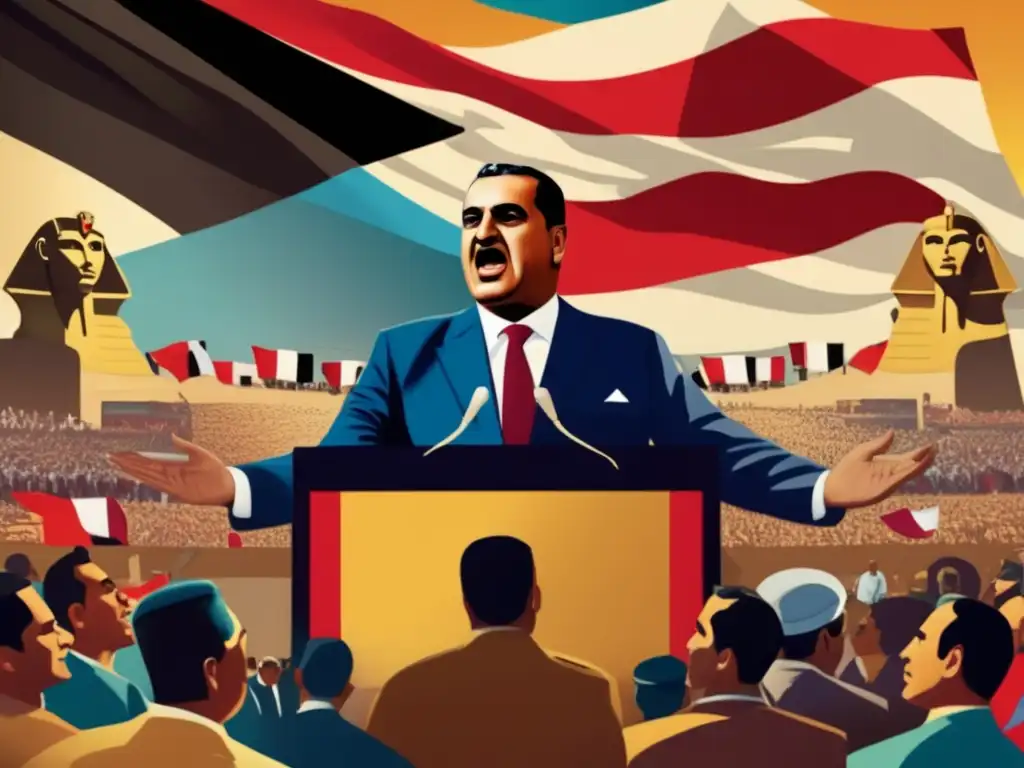 Gamal Abdel Nasser liderando un discurso apasionado con la bandera egipcia ondeando detrás, rodeado de líderes nacionalistas árabes