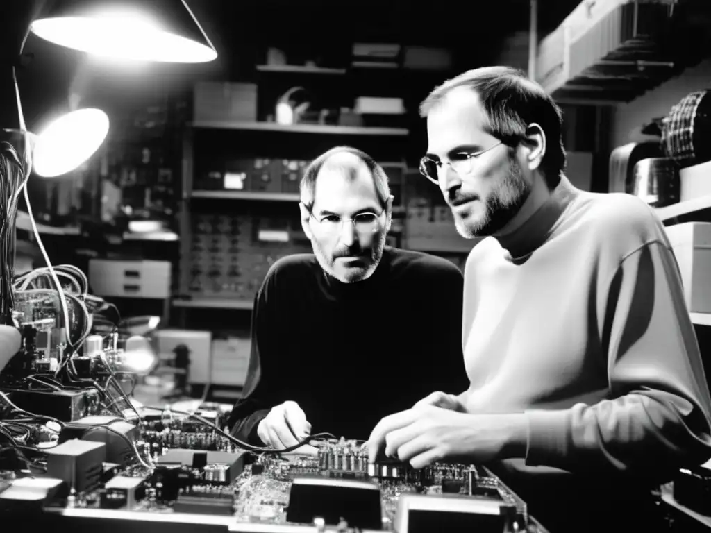 Steve Jobs y Steve Wozniak trabajan intensamente en el garaje, rodeados de circuitos y piezas