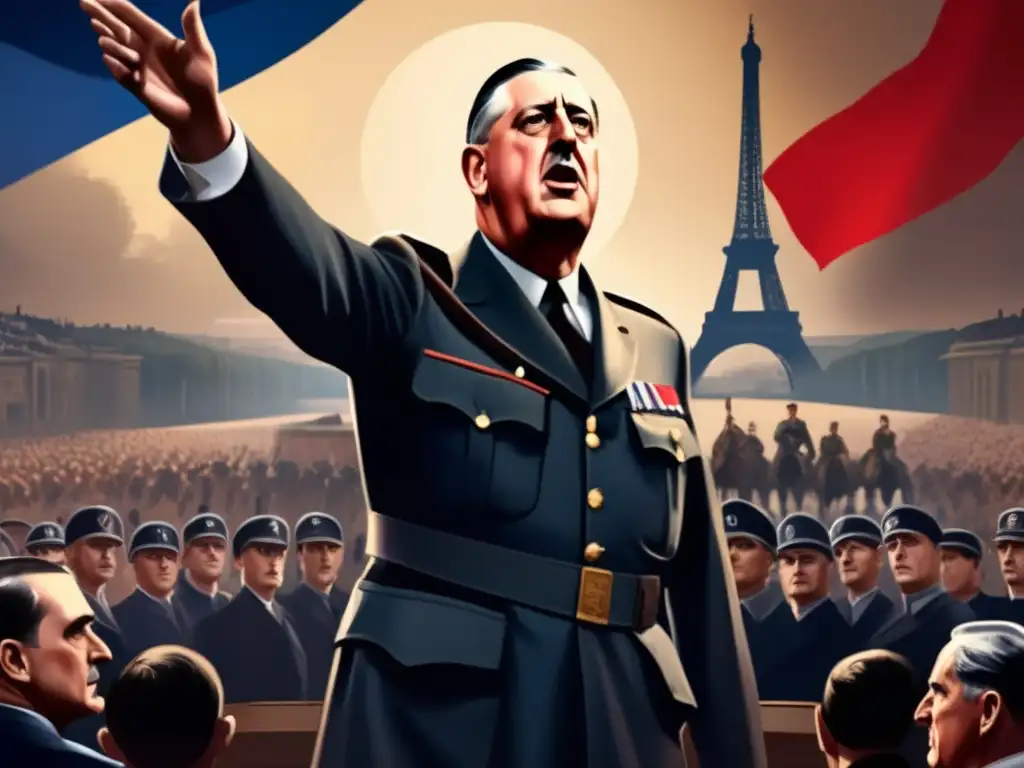 Charles de Gaulle pronuncia un discurso poderoso, con determinación en su rostro