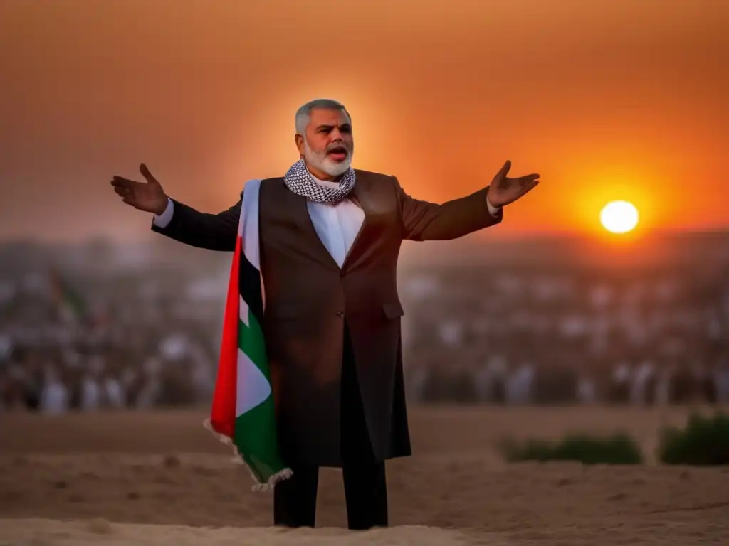 Con determinación, Ismail Haniyeh lidera con pasión y convicción en Gaza al atardecer, simbolizando su visión para Palestina y el liderazgo de Hamas