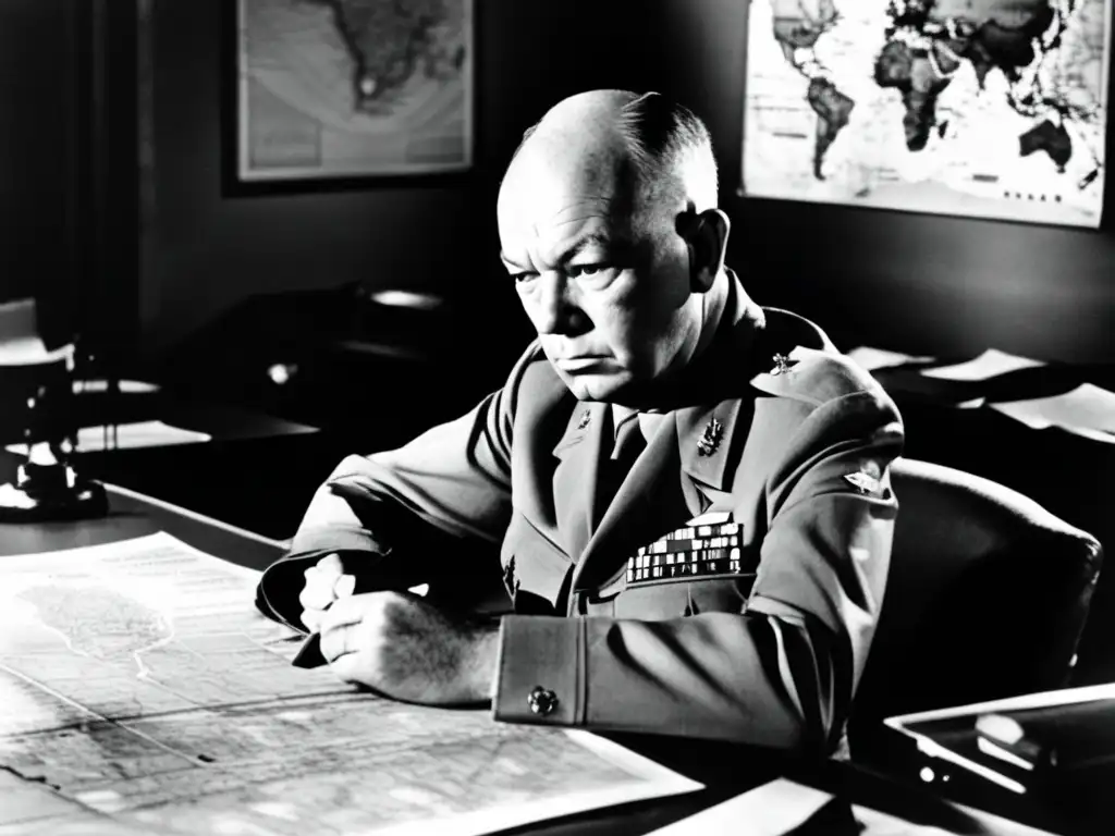 El general Eisenhower planifica el Desembarco del Día D con determinación, rodeado de mapas y estrategias militares en una atmósfera intensa