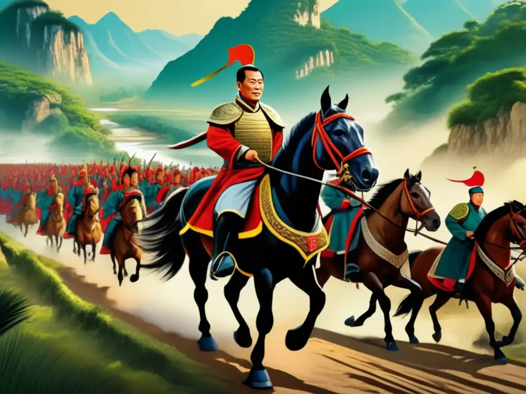 Un general valiente, Ban Chao, lidera una expedición militar por la antigua China, rodeado de su ejército y la majestuosidad del paisaje chino