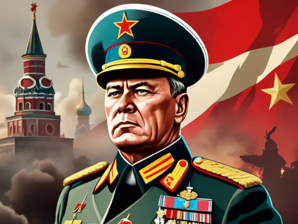 El general Zhukov, líder soviético, destaca en una ilustración digital detallada con uniforme militar y medallas, en un paisaje de guerra