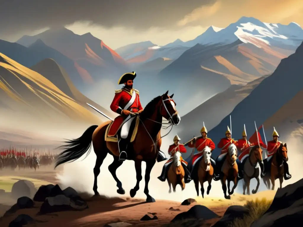 El general José de San Martín lidera a sus tropas hacia la independencia a través de los Andes en una pintura digital moderna de alta resolución