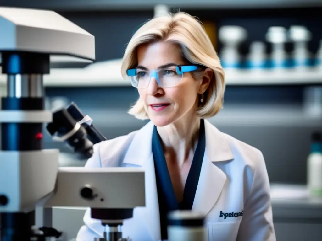 La científica Jennifer Doudna manipula con precisión material genético bajo el microscopio, destacando la revolución CRISPR