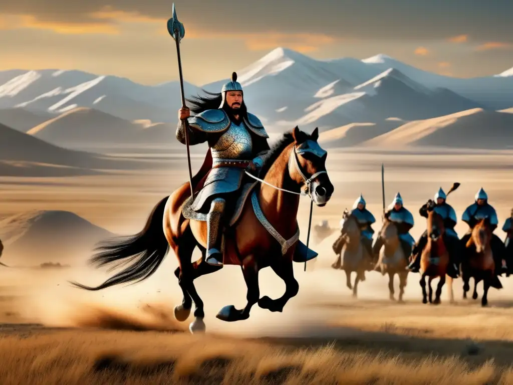 Genghis Khan en armadura de batalla, a lomos de su corcel, lidera su ejército en la estepa mongola