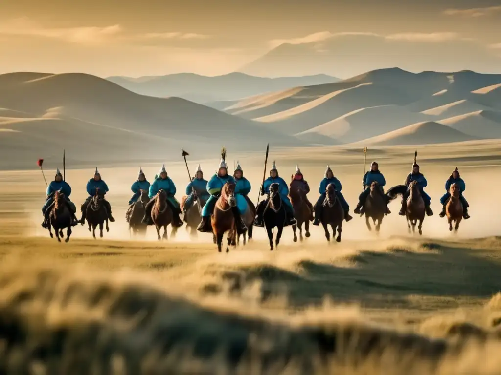 Genghis Khan y su ejército a caballo en la vasta estepa mongola, listos para la batalla