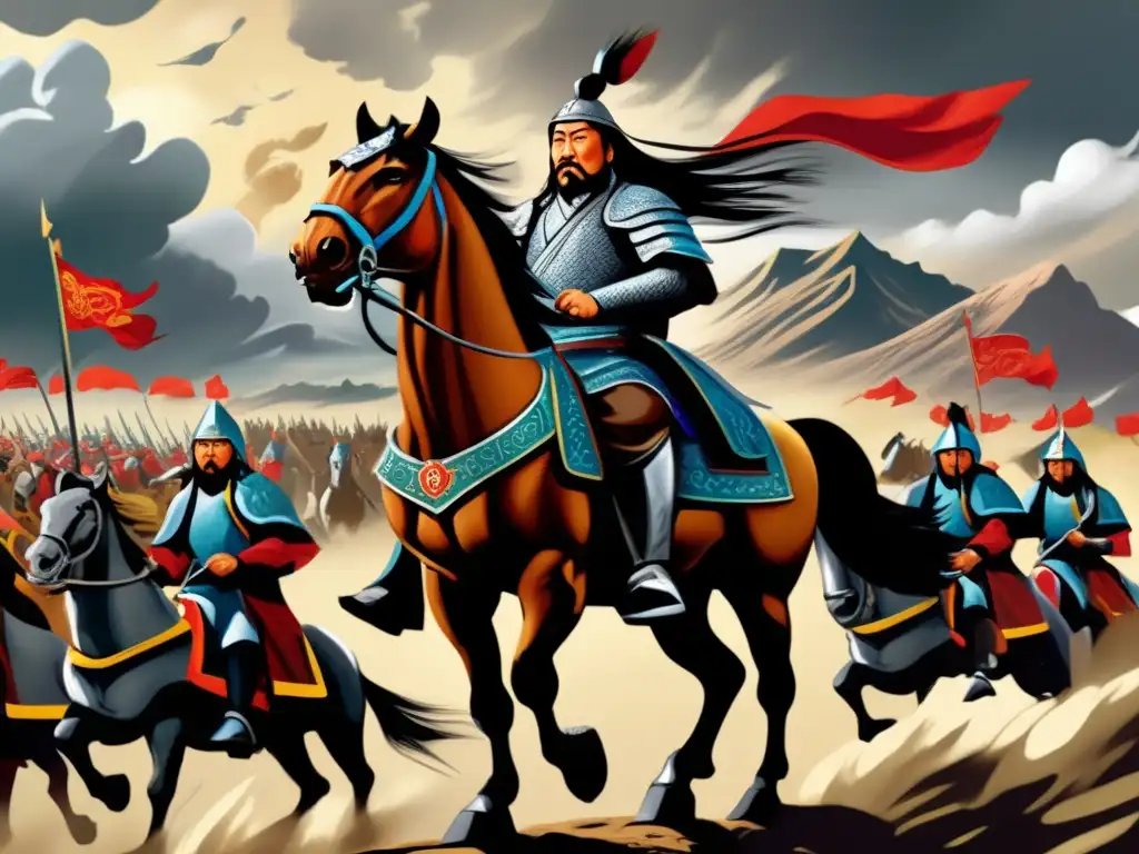 Genghis Khan lidera con determinación su ejército en un paisaje épico de estrategias militares de Genghis Khan