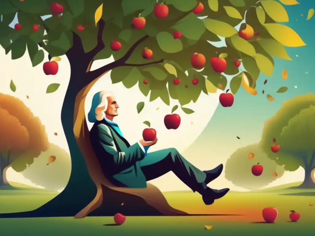 Sir Isaac Newton, el genio detrás de la teoría de la gravedad, concentrado bajo un árbol con una manzana suspendida en el aire