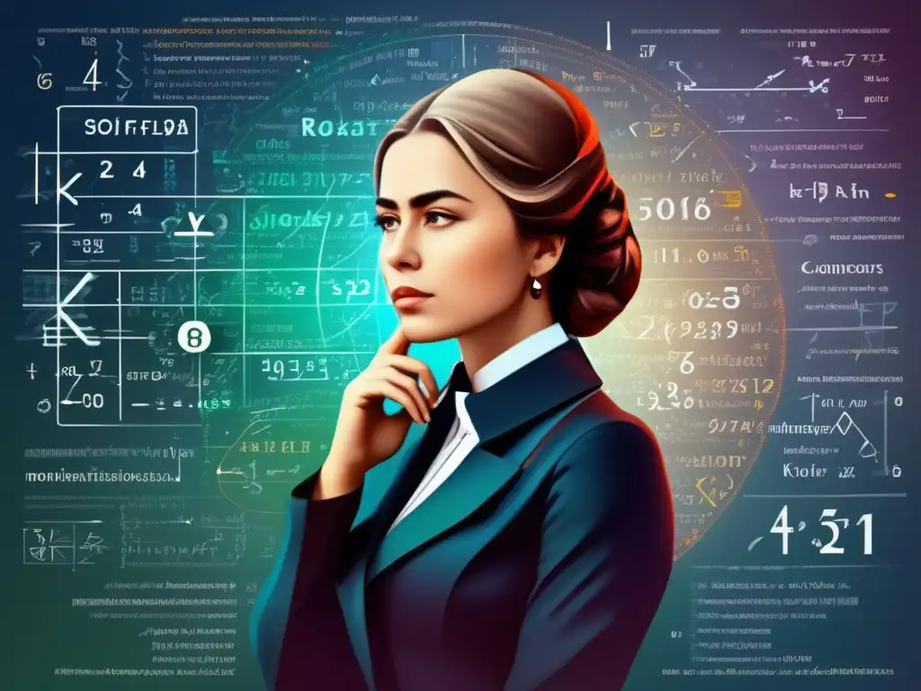 La genio matemático Sofía Kovalevskaya inmersa en complejas ecuaciones, con expresión determinada