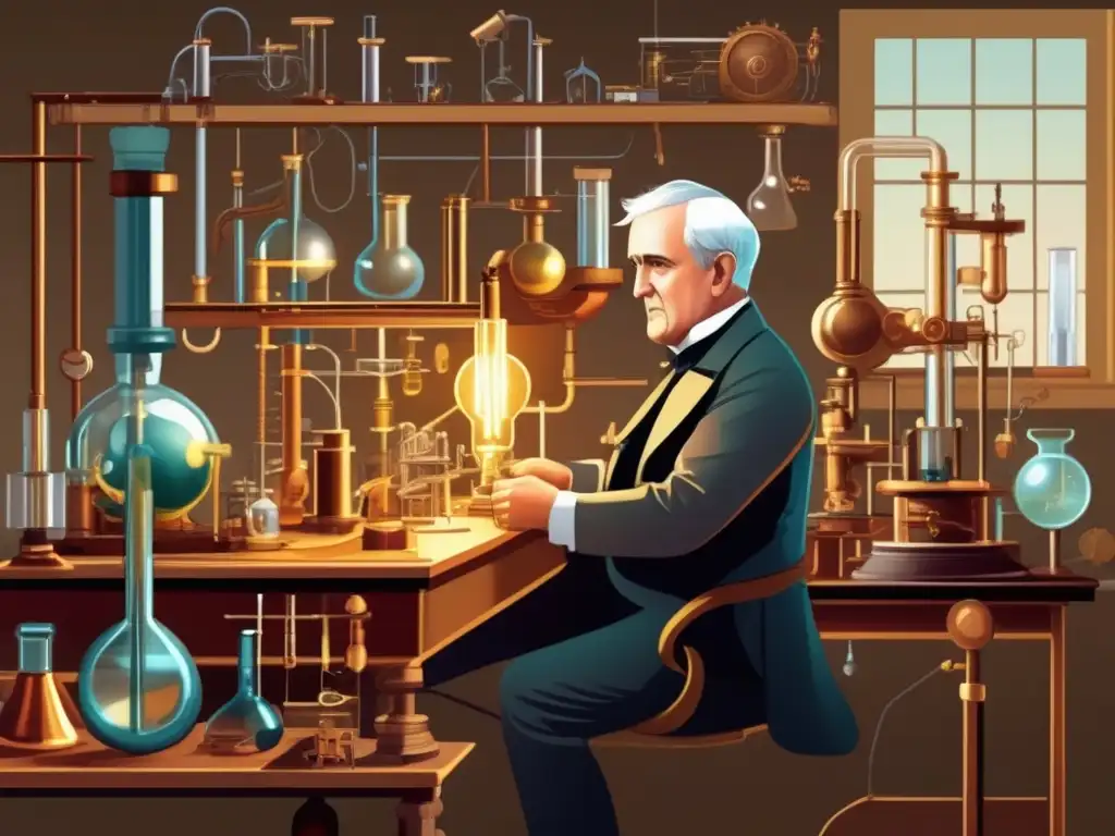 Thomas Edison, el genio de los inventos importantes, enérgico en su laboratorio rodeado de creaciones innovadoras