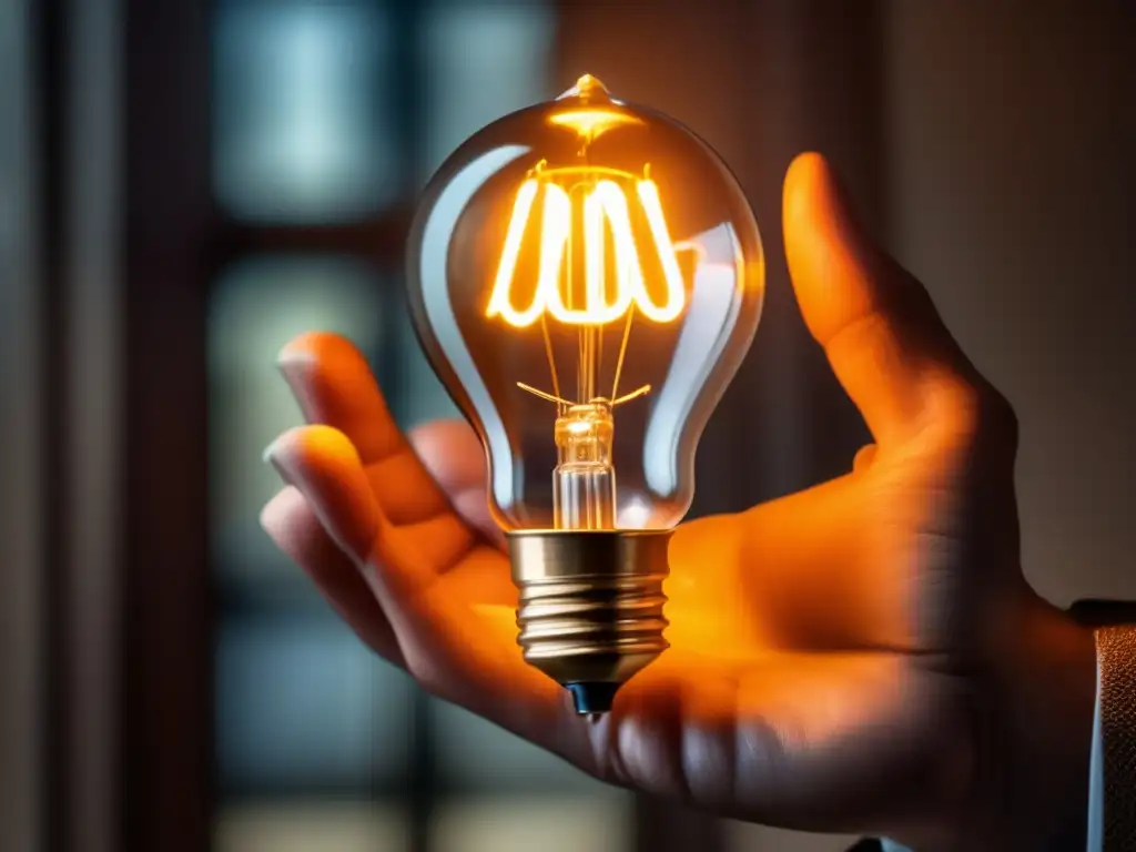El genio de Thomas Edison se refleja en su mano sosteniendo una bombilla brillante, emanando una luz dorada que ilumina su determinación
