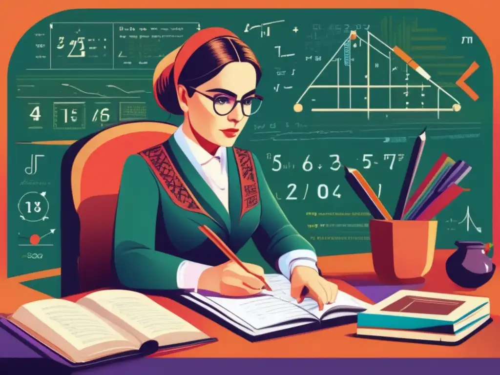 Sofía Kovalevskaya genio matemático escribiendo en un escritorio lleno de ecuaciones, con expresión determinada