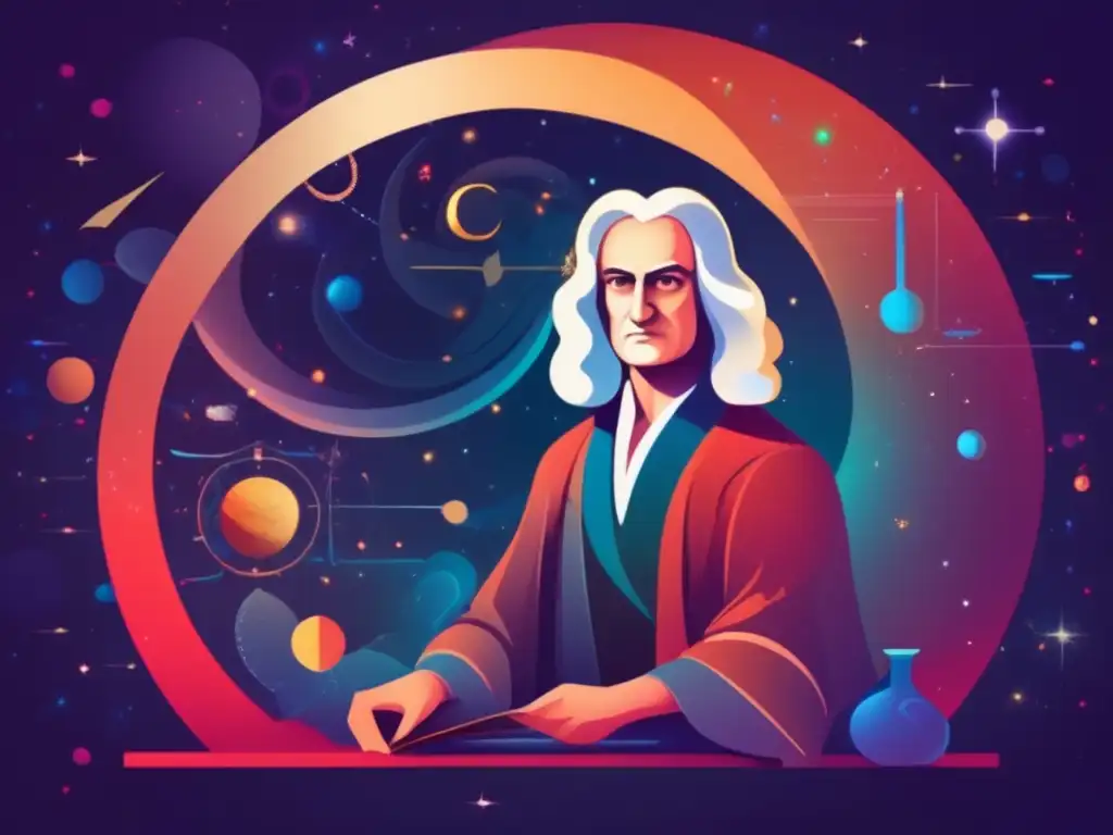 Isaac Newton, genio de la Biografía de Isaac Newton, en una obra de arte digital moderna y evocadora, rodeado de ecuaciones y cuerpos celestes