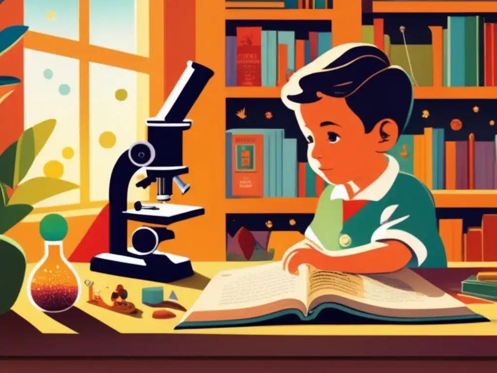 Georges de Mestral, niño, fascinado por la ciencia y la naturaleza, rodeado de juguetes educativos y libros