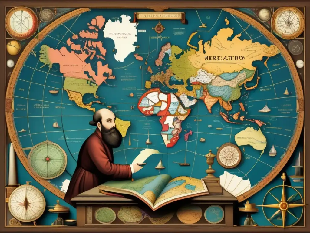 Gerardus Mercator cartógrafo del mundo, concentrado en su obra rodeado de herramientas de cartografía e instrumentos de navegación históricos