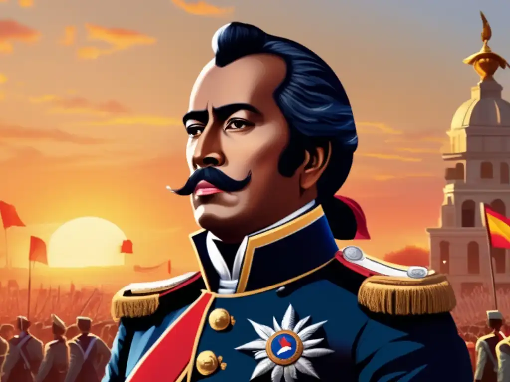 Simón Bolívar liderando gesta libertaria nación, rodeado de soldados, con el sol poniéndose en el horizonte