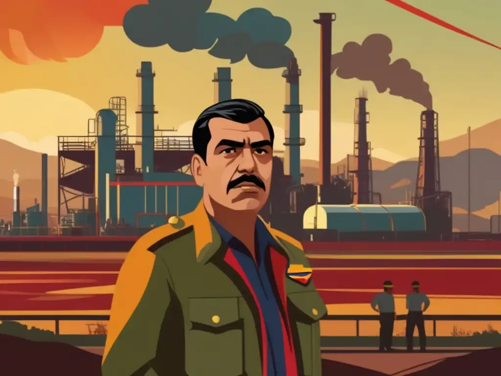 Juan Vicente Gómez en Venezuela, con un gesto serio frente a una refinería de petróleo