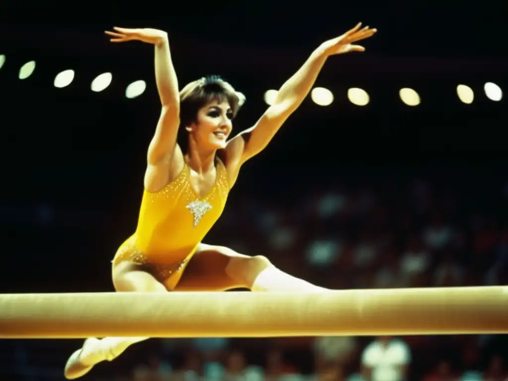 Nadia Comăneci en la gimnasia: una imagen moderna de su perfecto salto en la viga durante los Juegos Olímpicos de Montreal 1976