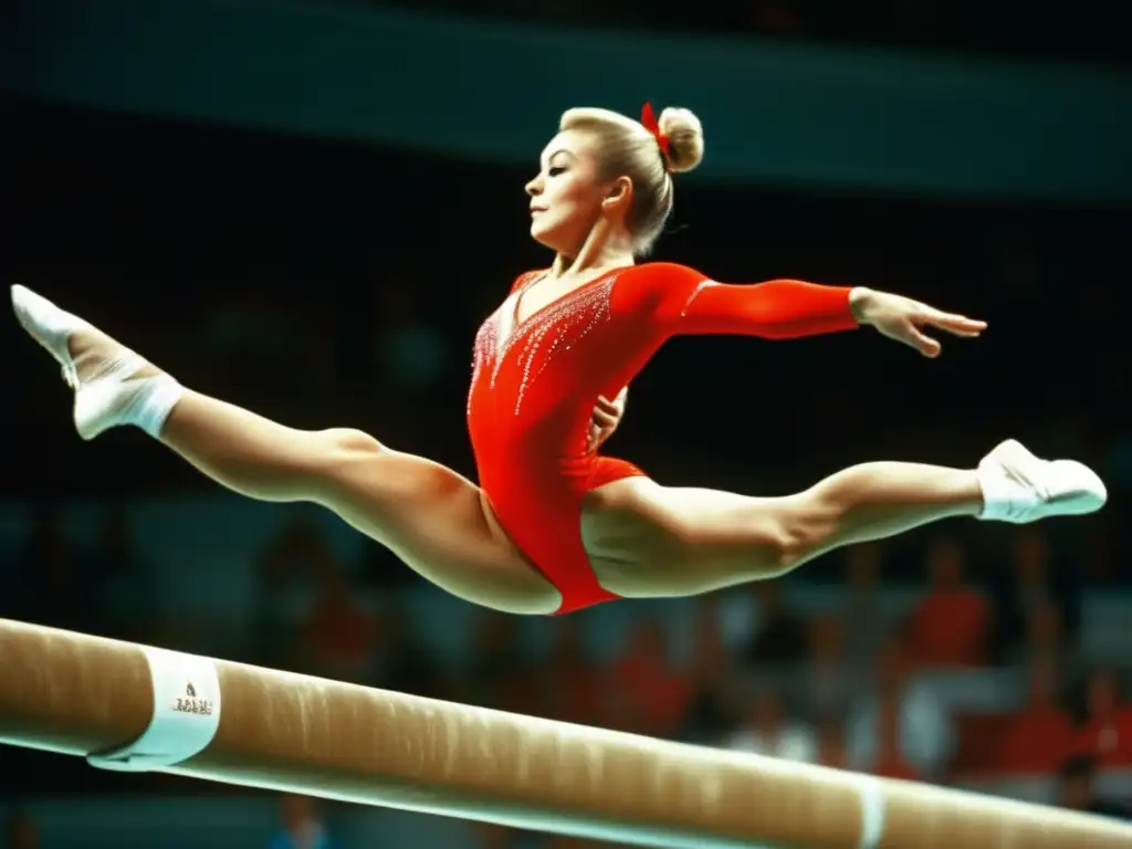 La gimnasta soviética Larisa Latynina ejecutando una rutina elegante en la barra de equilibrio, mostrando precisión y concentración