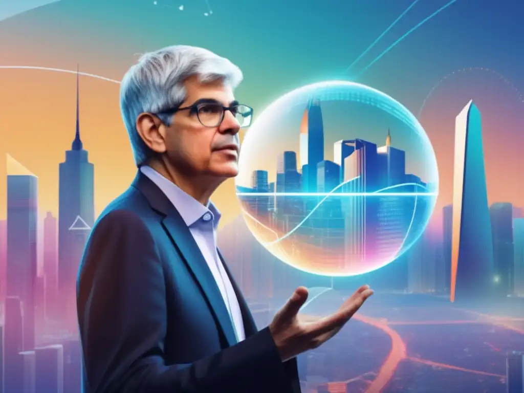 Paul Romer sostiene un globo terráqueo frente a una ciudad futurista, con ecuaciones matemáticas y gráficos económicos