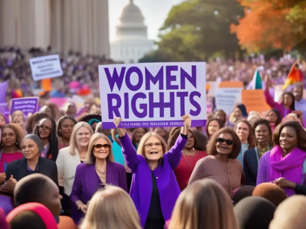 Gloria Steinem, ícono feminista, habla en un mitin de derechos de la mujer rodeada de una multitud diversa con pancartas
