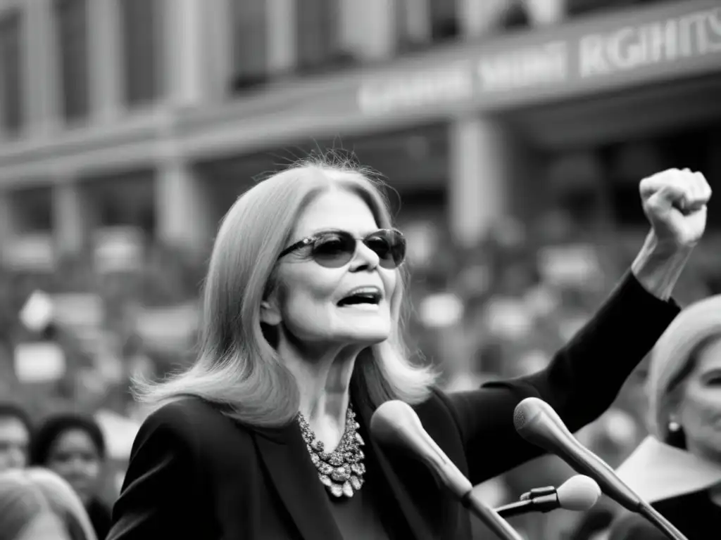 Gloria Steinem, ícono feminista, levanta el puño en un rally por los derechos de la mujer
