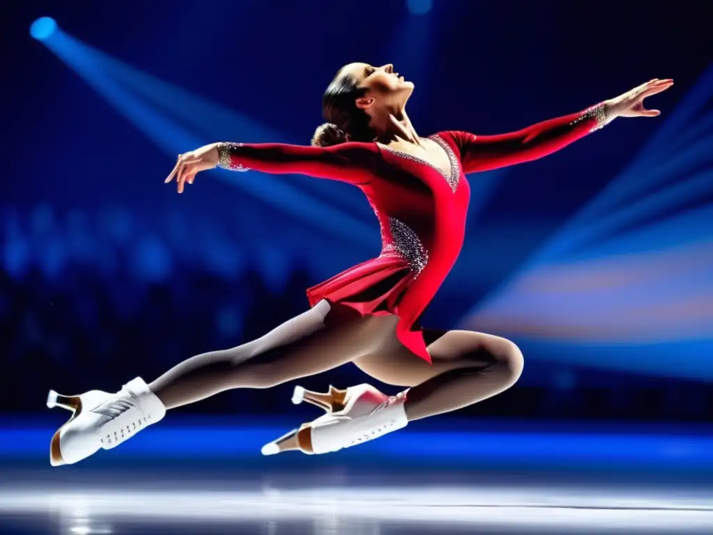 Katarina Witt deslumbra con su gracia y destreza en el patinaje artístico, iluminada por luces vibrantes en el escenario