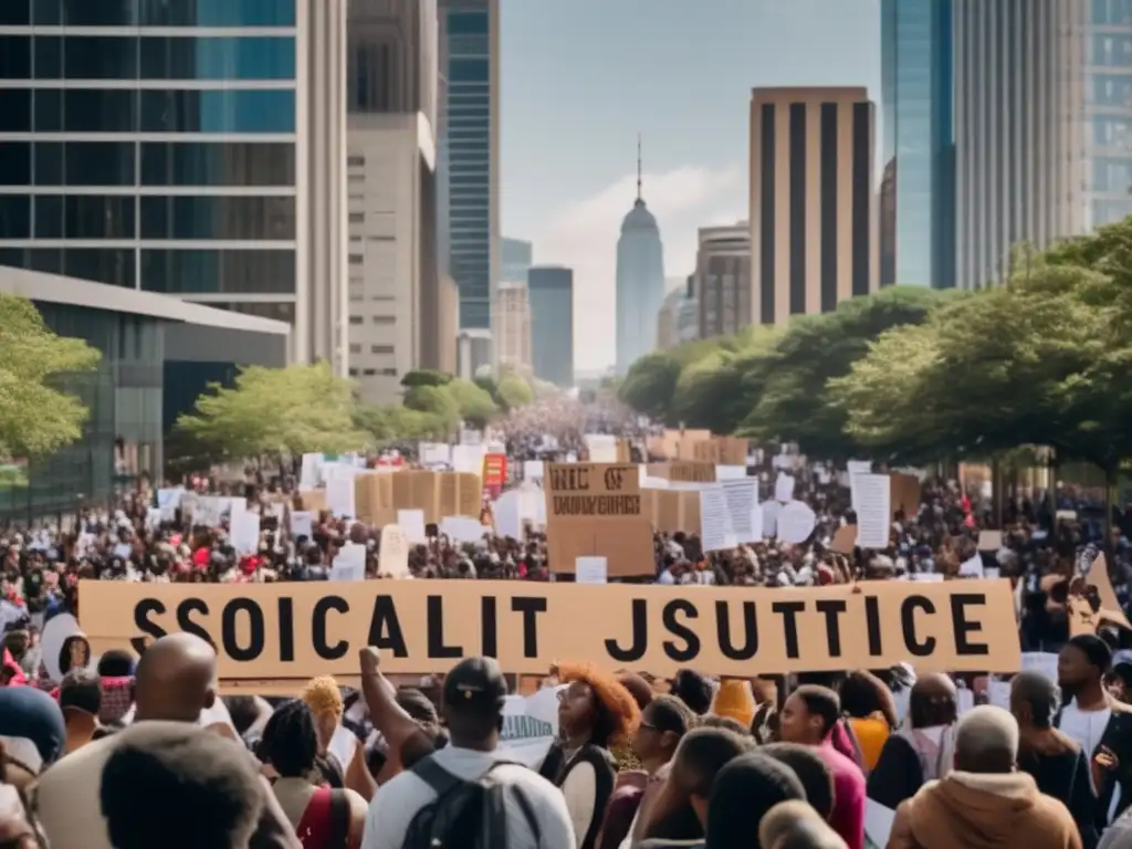 Un gran grupo de personas diversas marcha por la ciudad con pancartas y carteles de protesta, mostrando determinación y pasión por la importancia del pensamiento de Chomsky en la reforma política y la justicia social