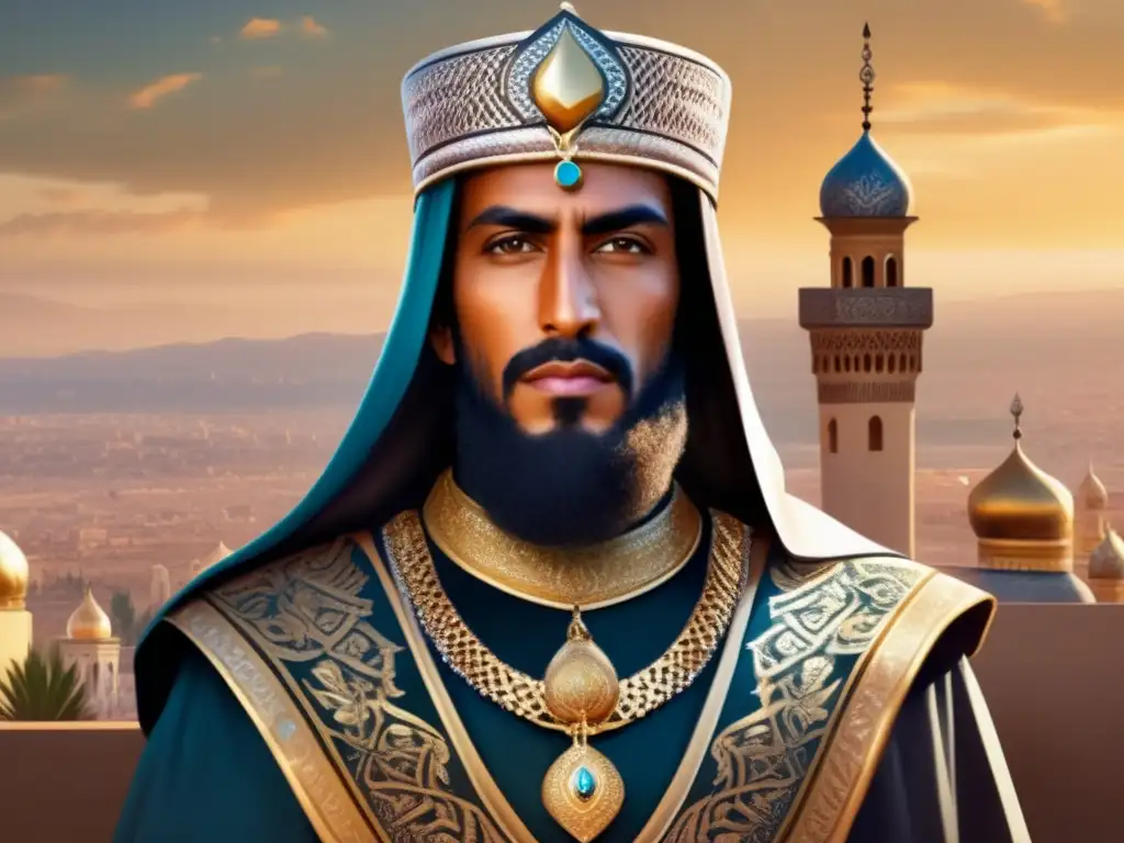 El gran líder Saladino, con armadura ornada y mirada sabia, irradia liderazgo y magnanimidad en esta asombrosa pintura digital