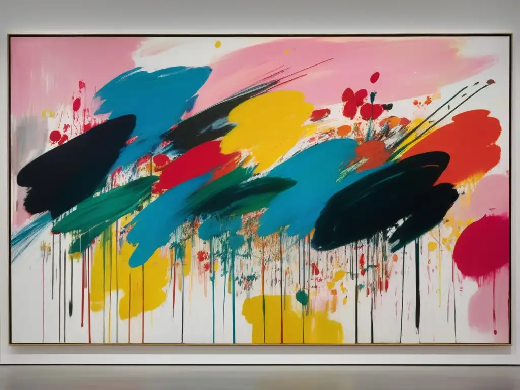 Una fotografía de alta resolución de la gran pintura abstracta 'The Battle of Lepanto' de Cy Twombly, exhibida en una galería de arte contemporáneo