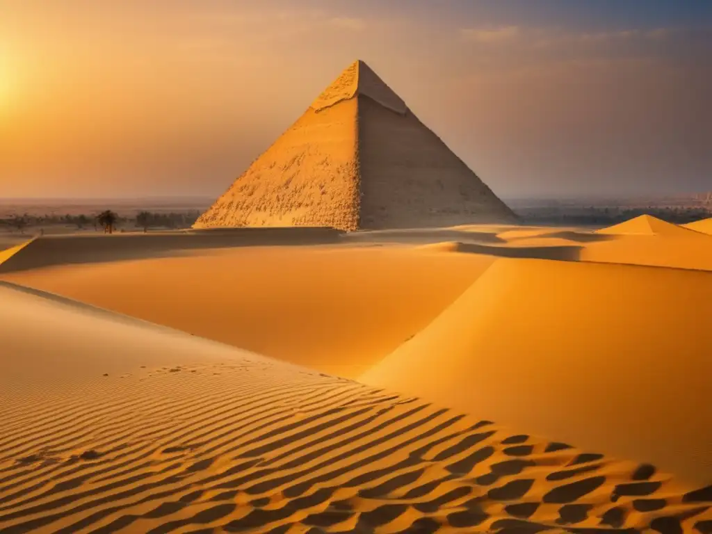 La Gran Pirámide de Giza se ilumina con la luz dorada del atardecer, revelando jeroglíficos en su superficie