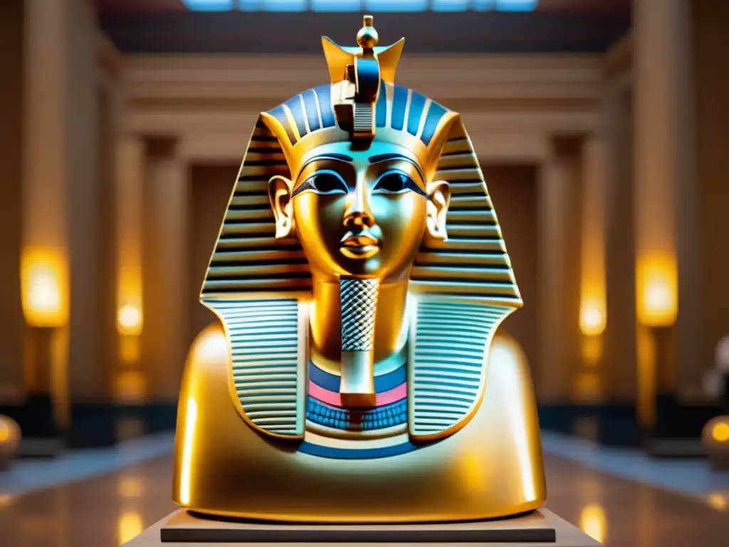 En la gran sala, la estatua dorada de Ptahhotep irradia sabiduría eterna y calidez, con detalles intrincados y murales antiguos de la vida en Egipto