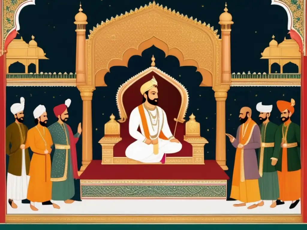 En la ilustración, Akbar el Grande preside su corte en el Diwan-i-Khas, rodeado de asesores y arquitectura mogol, reflejando la grandeza de la India