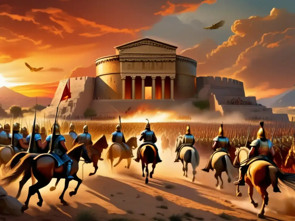 Alexander el Grande lidera su ejército hacia la batalla en medio de ruinas antiguas y un atardecer dramático