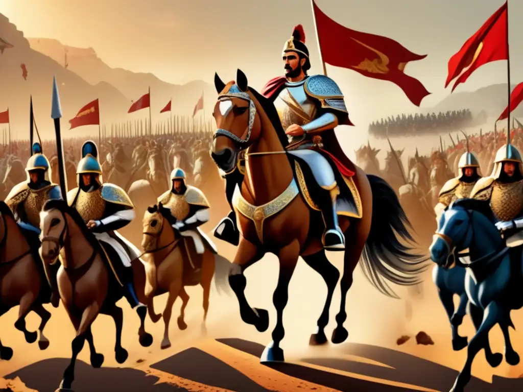 Ciro el Grande lidera la expansión del Imperio Aqueménida con determinación, montado en un majestuoso caballo y seguido por su vasto y poderoso ejército