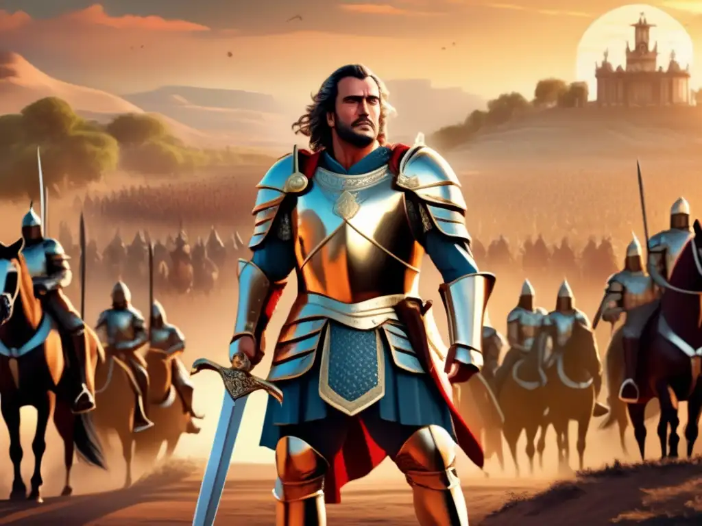 Ciro el Grande, imponente en el campo de batalla, con armadura y espada relucientes