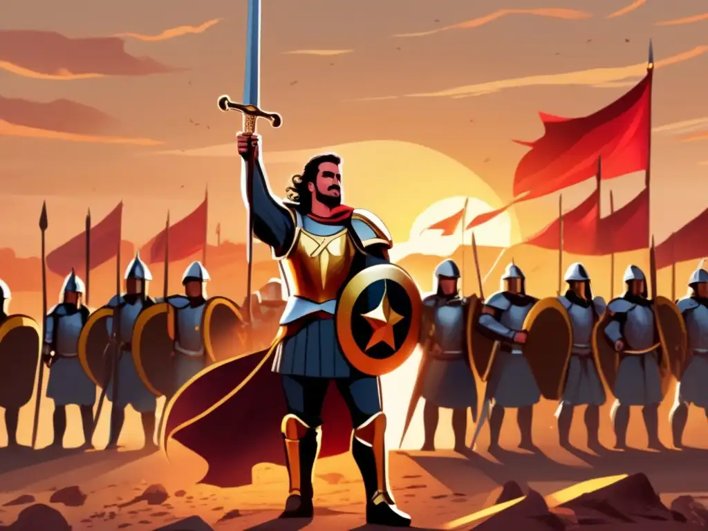 Ciro el Grande, con su imponente ejército y el sol poniente, en una ilustración detallada