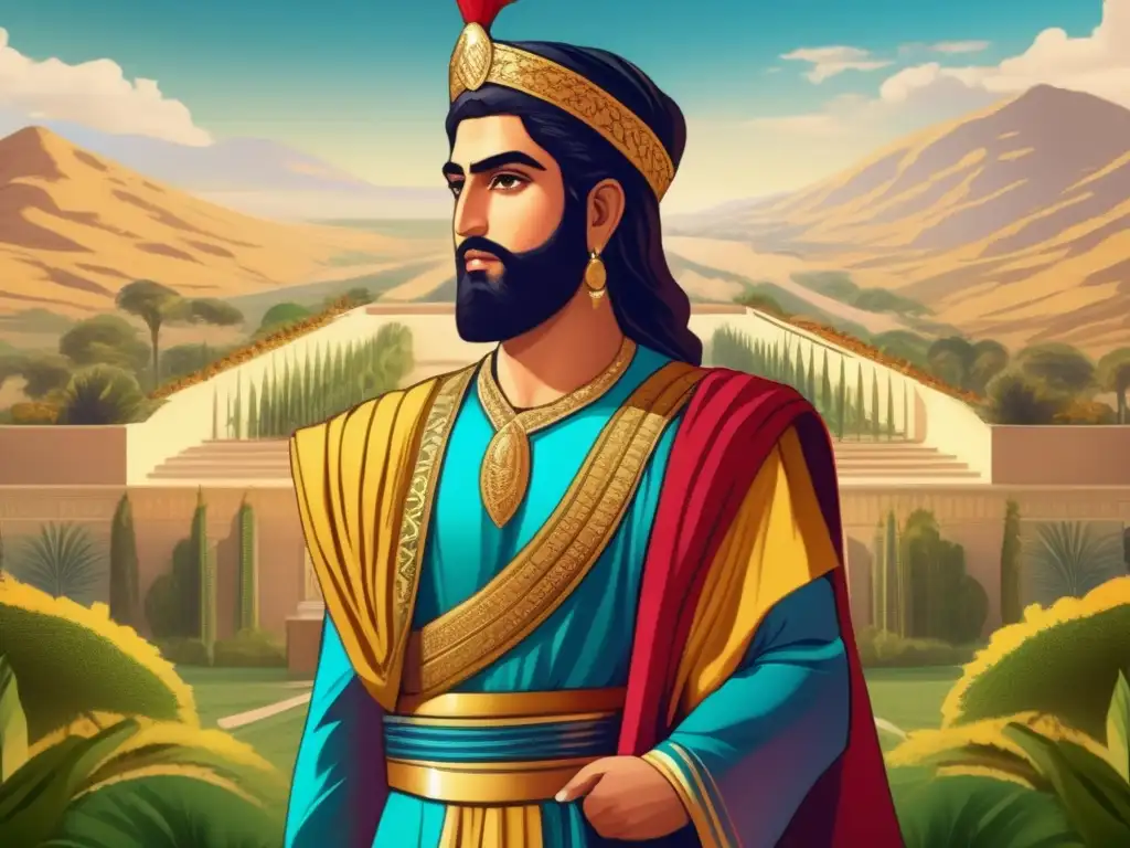 Ciro el Grande, líder del Imperio Aqueménida, en una ilustración vibrante que muestra su determinación y la opulencia de Persia