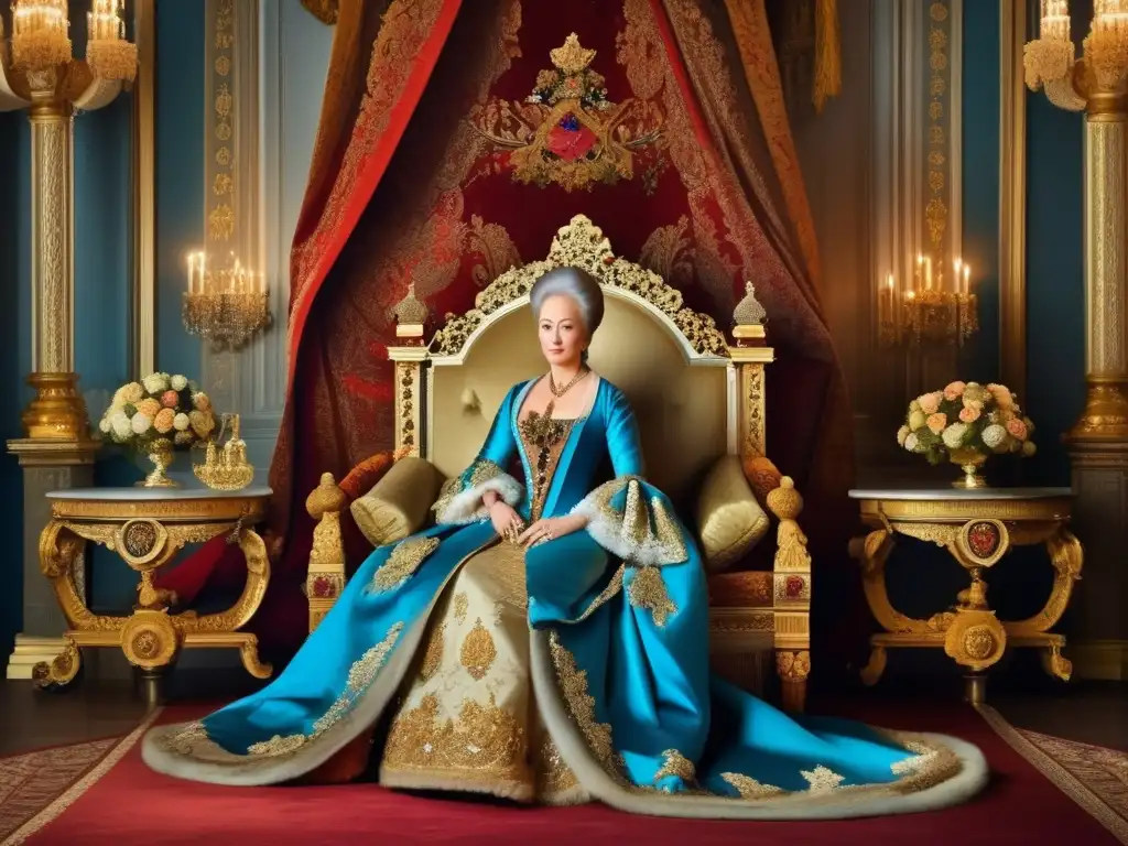 Biografía de Catalina la Grande: retrato majestuoso de la emperatriz en su trono, exudando confianza y autoridad en un salón lujoso y opulento