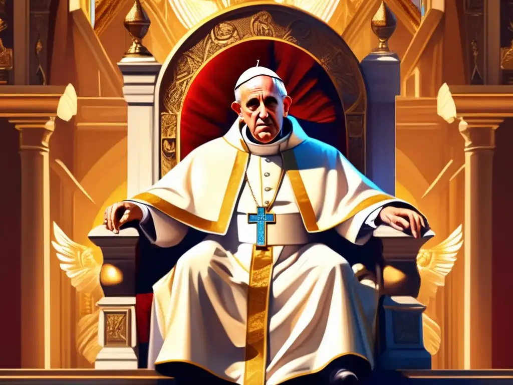 El Papa Gregorio I el Grande, sentado en un trono rodeado de luz dorada, irradia sabiduría y autoridad espiritual en una pintura digital detallada