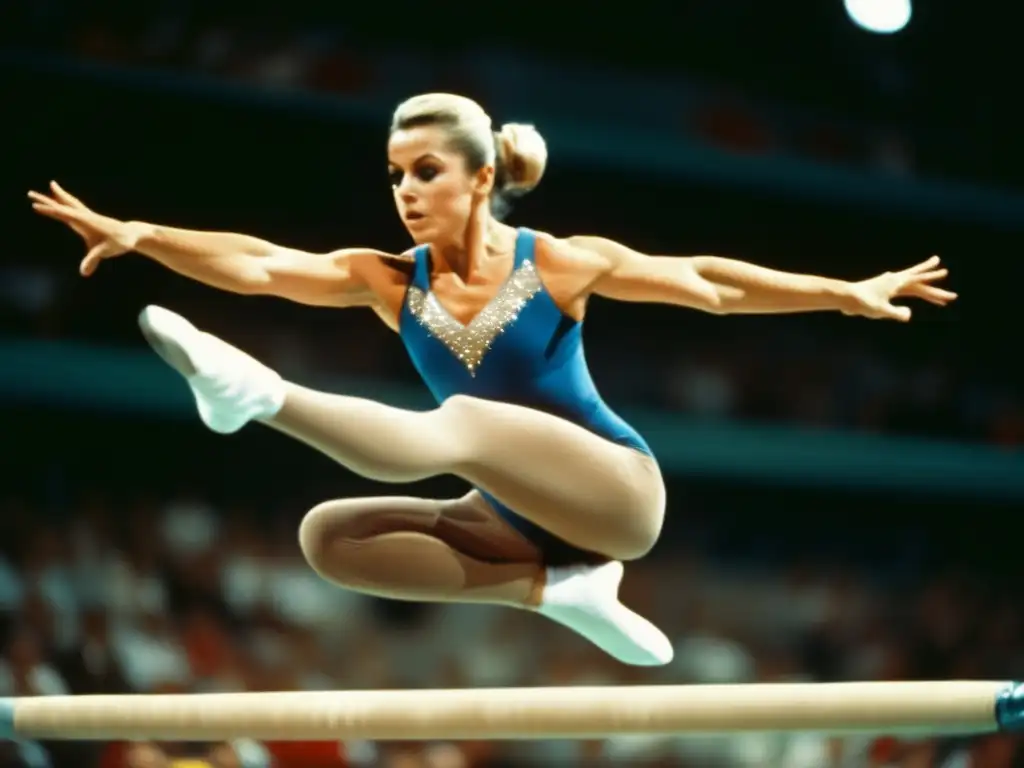 Olga Korbut desafía la gravedad con una voltereta en el aire, mostrando su influencia en la gimnasia con fuerza y gracia