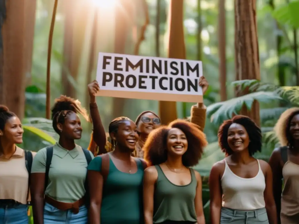 Un grupo de activistas ambientales, hombres y mujeres, se unen por la lucha feminista y la ecología en un bosque exuberante