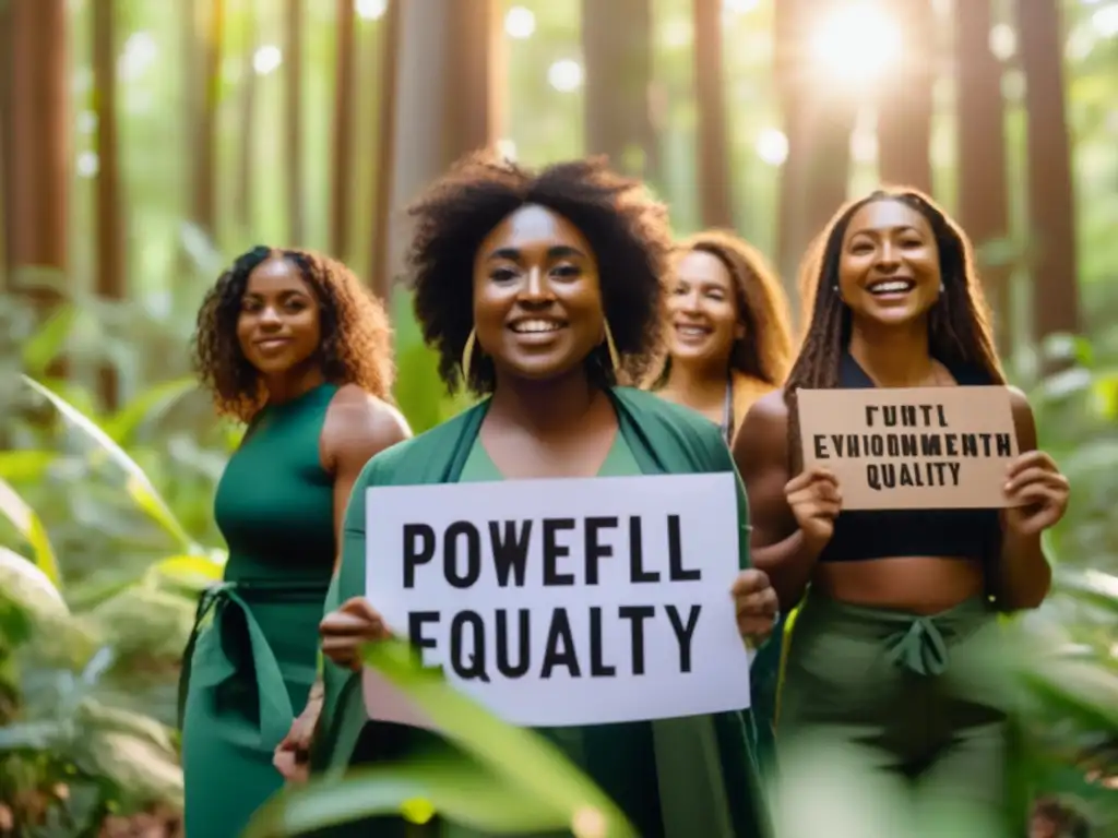 Un grupo de activistas ambientales lucha por la ecología y la igualdad de género en un vibrante bosque, irradiando fuerza y determinación