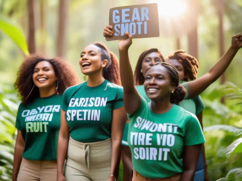 Un grupo de activistas ambientales lucha feminista ecología, con camisetas verdes y pancartas en un bosque exuberante